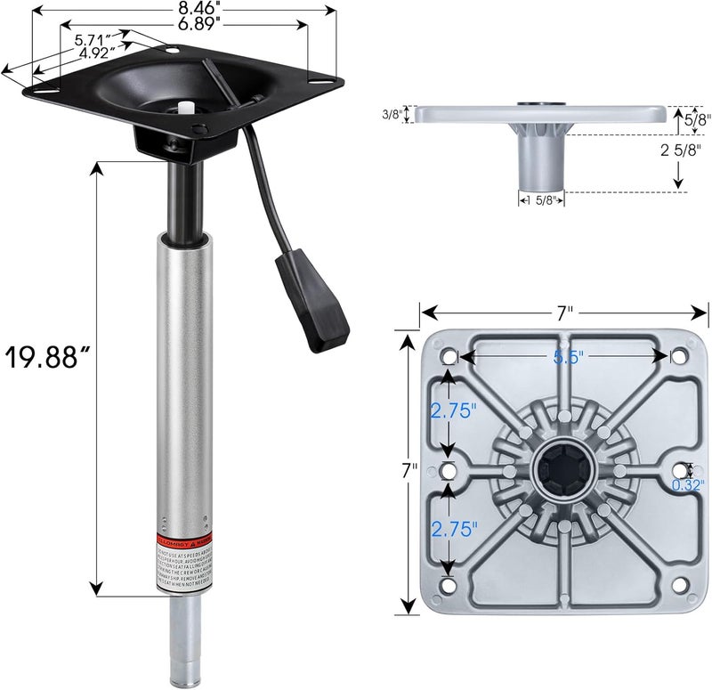 CLLOMAGY Adjustable Boat Seat Pedestal Base Mount Kit with Lock in 3/4" Boat Seat Pin Post&Marine Power Pedestal Mount Base for Marine Fishing Bass Chair,Post Adjustable Height 18 to 24 Inches - Image 2